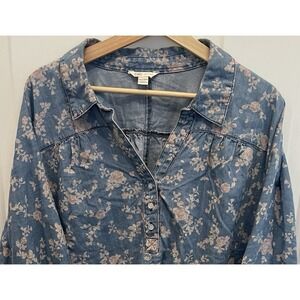 Cato Women's 26W/28W Blue Denim Pink Floral Popover Top 3/4 Dolman‎ Sleeve